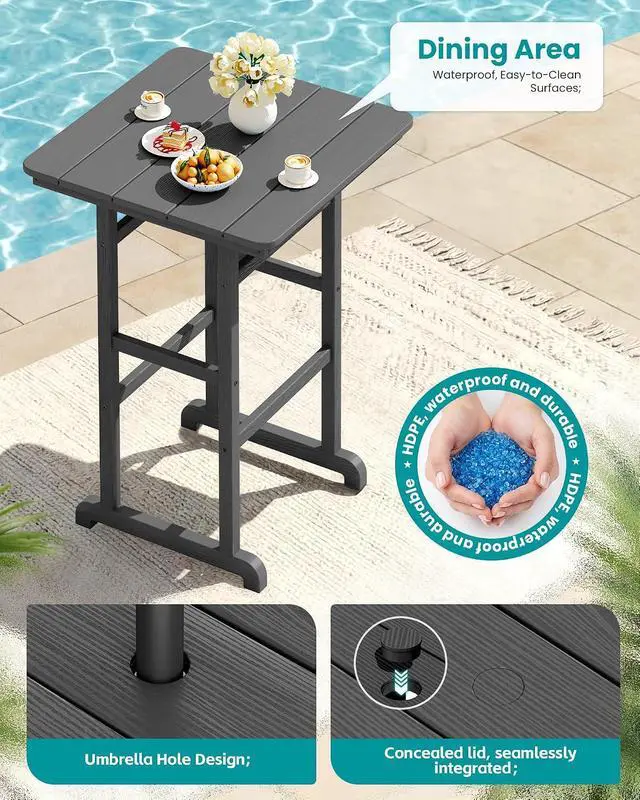 Alt view image 3 of 7 - 6 Pieces Outdoor Patio Bar Set with 9ft Umbrella, Outdoor HDPE Barstool and Table Furniture Set with Patio Umbrella, Gray