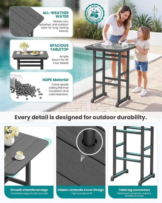 Alt view image 5 of 7 - 6 Pieces Outdoor Patio Bar Set with 9ft Umbrella, Outdoor HDPE Barstool and Table Furniture Set with Patio Umbrella, Gray