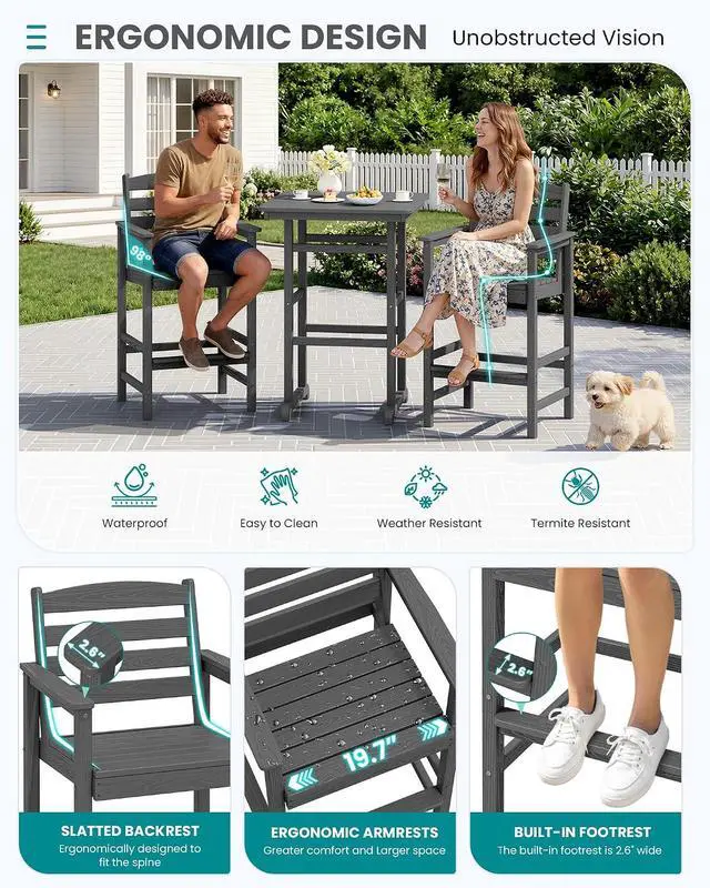 Alt view image 6 of 7 - 6 Pieces Outdoor Patio Bar Set with 9ft Umbrella, Outdoor HDPE Barstool and Table Furniture Set with Patio Umbrella, Gray