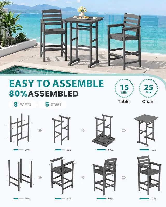 Alt view image 7 of 7 - 6 Pieces Outdoor Patio Bar Set with 9ft Umbrella, Outdoor HDPE Barstool and Table Furniture Set with Patio Umbrella, Gray