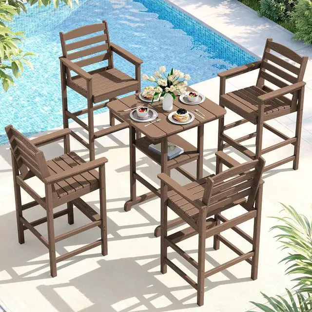Main image of 5 Pieces Outdoor Patio Bar Set, Oversize Tall Adirondack Bar Chair and Table Set, Brown