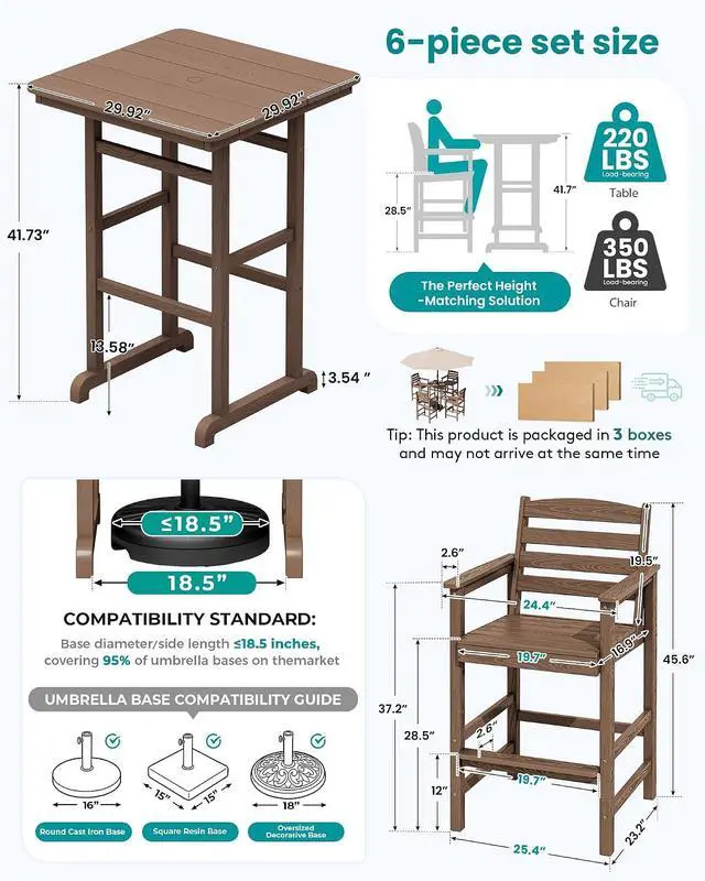 Alt view image 6 of 7 - 6 Pieces Outdoor Patio Bar Set with 9ft Umbrella, Outdoor HDPE Barstool and Table Furniture Set with Patio Umbrella, Brown