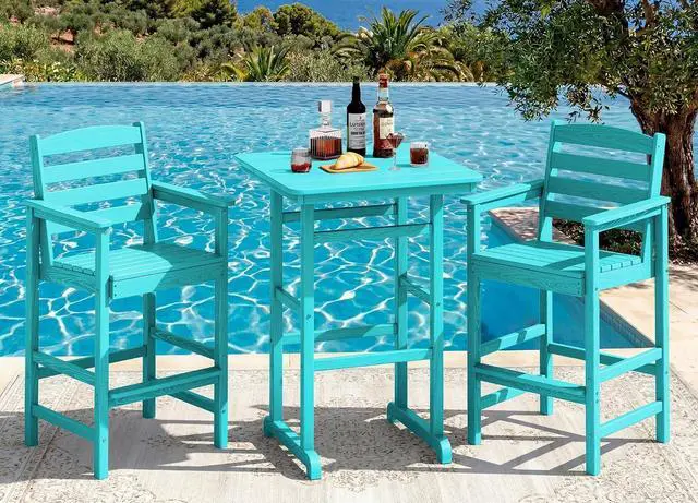 Main image of Balcony Adirondack Chairs and Table 3 Pieces Set, Adirondack Bar Height Chairs Set of 2 and Bar Table, Outdoor Bar Stools Set for Bistro, Poolside, Backyard, Aruba