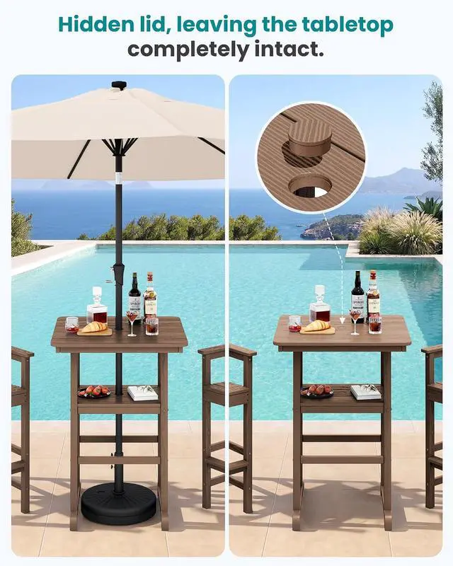 Alt view image 2 of 7 - Balcony Adirondack Chairs and Table 3 Pieces Set, Oversize Adirondack Bar Height Chairs Set of 2 and Bar Table, Outdoor Bar Stools Set, Brown
