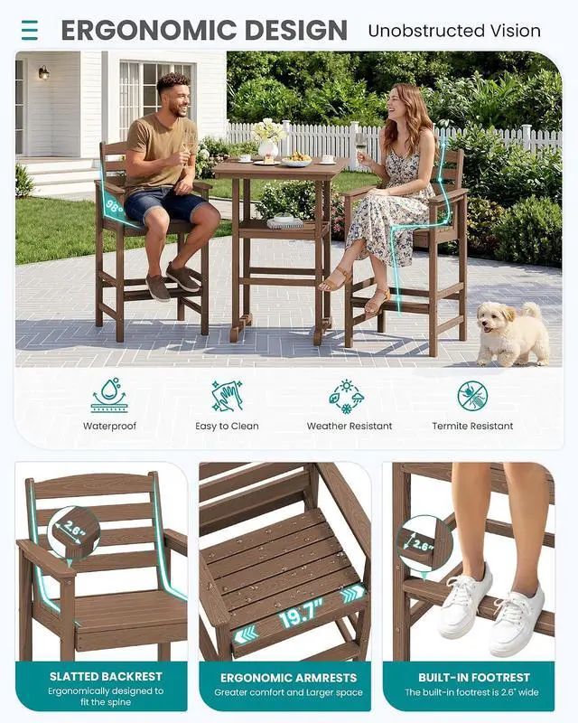 Alt view image 3 of 7 - Balcony Adirondack Chairs and Table 3 Pieces Set, Oversize Adirondack Bar Height Chairs Set of 2 and Bar Table, Outdoor Bar Stools Set, Brown