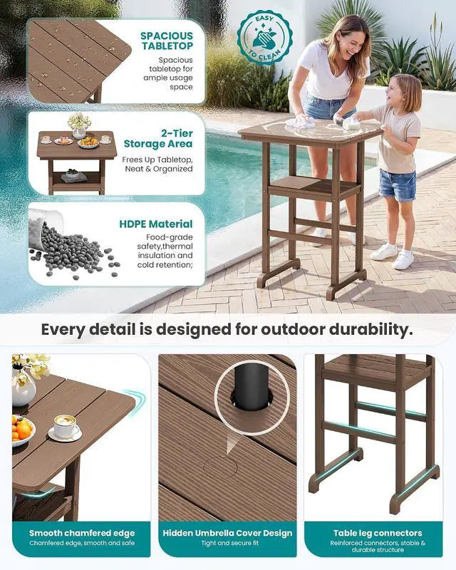 Alt view image 4 of 7 - Balcony Adirondack Chairs and Table 3 Pieces Set, Oversize Adirondack Bar Height Chairs Set of 2 and Bar Table, Outdoor Bar Stools Set, Brown
