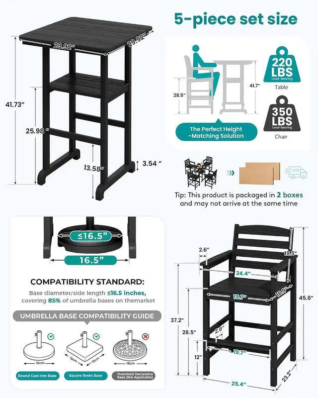 Alt view image 6 of 7 - 5 Pieces Outdoor Patio Bar Set, Oversize Tall Adirondack Bar Chair and Table Set, Black