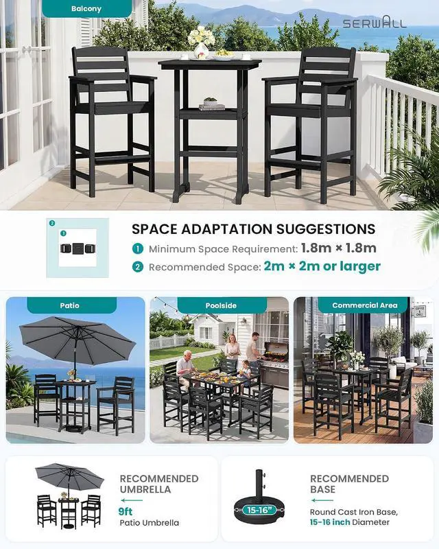 Alt view image 7 of 7 - 5 Pieces Outdoor Patio Bar Set, Oversize Tall Adirondack Bar Chair and Table Set, Black