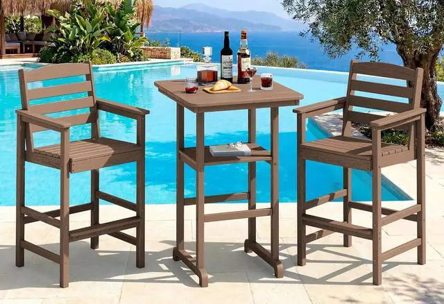 Main image of Balcony Adirondack Chairs and Table 3 Pieces Set, Oversize Adirondack Bar Height Chairs Set of 2 and Bar Table, Outdoor Bar Stools Set, Brown