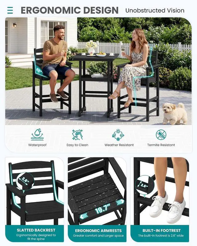 Alt view image 5 of 7 - 5 Pieces Outdoor Patio Bar Set, Oversize Tall Adirondack Bar Chair and Table Set, Black