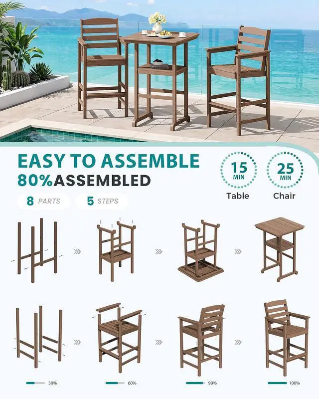 Alt view image 7 of 7 - Balcony Adirondack Chairs and Table 3 Pieces Set, Oversize Adirondack Bar Height Chairs Set of 2 and Bar Table, Outdoor Bar Stools Set, Brown