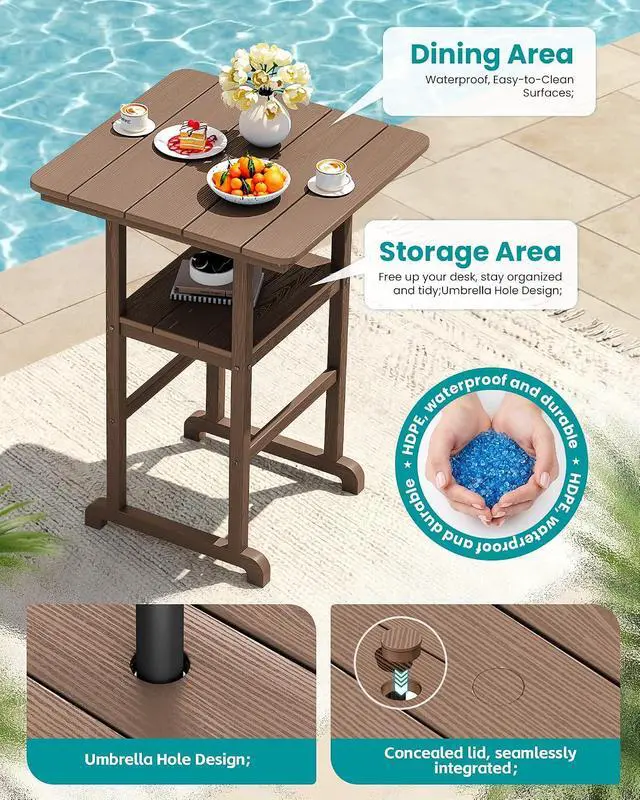 Alt view image 6 of 7 - Balcony Adirondack Chairs and Table 3 Pieces Set, Oversize Adirondack Bar Height Chairs Set of 2 and Bar Table, Outdoor Bar Stools Set, Brown