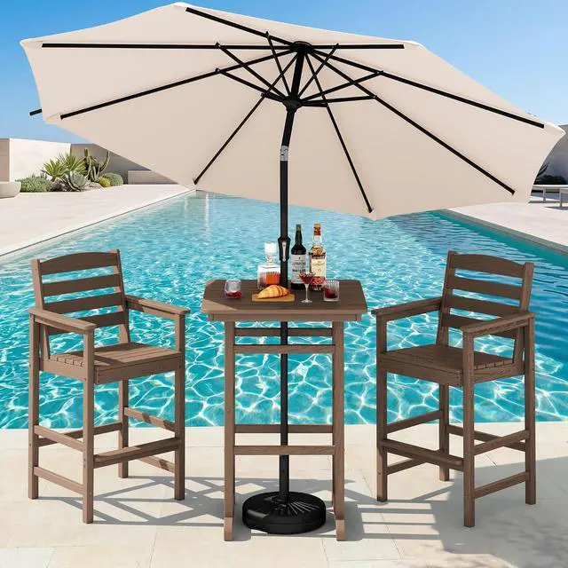 Main image of 4 Pieces Outdoor Patio Bar Set with 9ft Umbrella, Outdoor HDPE Barstool and Table Furniture Set with Patio Umbrella, Brown
