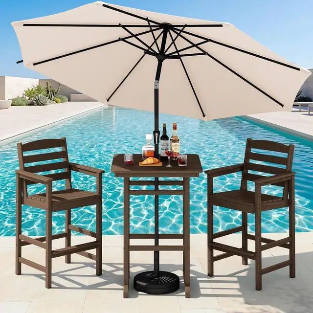 Main image of 4 Pieces Outdoor Patio Bar Set with 9ft Umbrella, Outdoor HDPE Barstool and Table Furniture Set with Patio Umbrella, Coffee