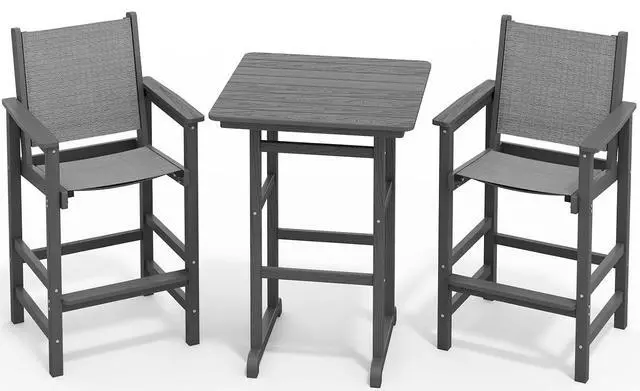 Main image of 3 Pieces Textilene Adirondack Bar Set, Tall Adirondack Bar Height Chairs with Bar Table, Sling Balcony Adirondack Chairs, Weather Resistance Resin Outdoor Bar Height Stools, Gray