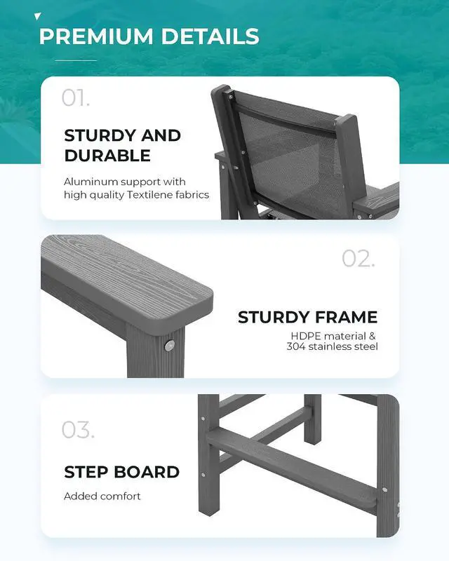 Alt view image 5 of 7 - 3 Pieces Textilene Adirondack Bar Set, Tall Adirondack Bar Height Chairs with Bar Table, Sling Balcony Adirondack Chairs, Weather Resistance Resin Outdoor Bar Height Stools, Gray