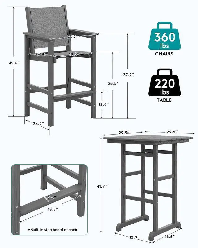 Alt view image 3 of 7 - 3 Pieces Textilene Adirondack Bar Set, Tall Adirondack Bar Height Chairs with Bar Table, Sling Balcony Adirondack Chairs, Weather Resistance Resin Outdoor Bar Height Stools, Gray