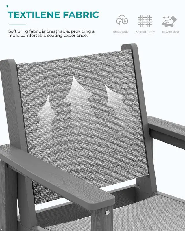 Alt view image 4 of 7 - 3 Pieces Textilene Adirondack Bar Set, Tall Adirondack Bar Height Chairs with Bar Table, Sling Balcony Adirondack Chairs, Weather Resistance Resin Outdoor Bar Height Stools, Gray