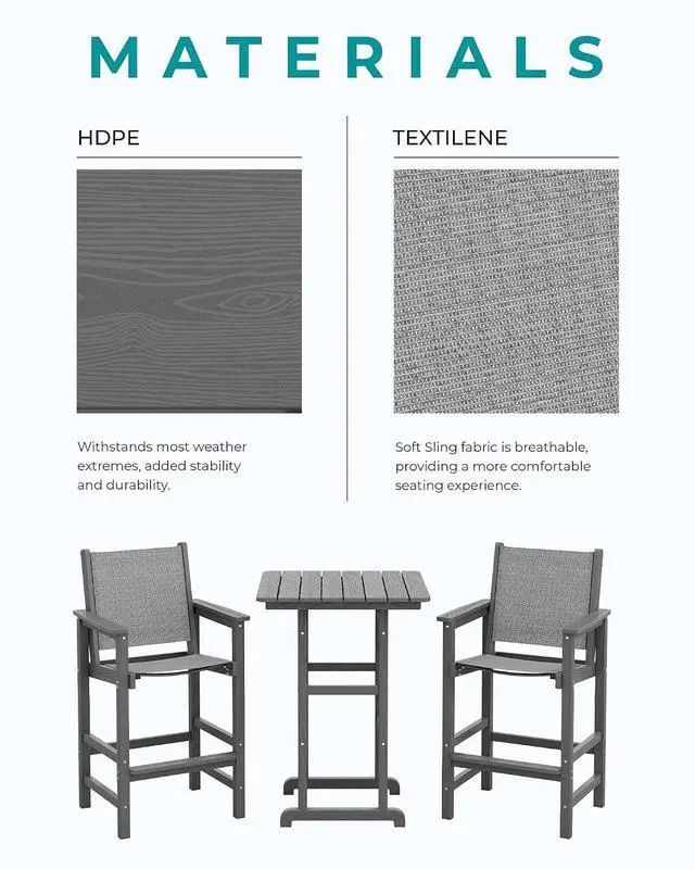 Alt view image 6 of 7 - 3 Pieces Textilene Adirondack Bar Set, Tall Adirondack Bar Height Chairs with Bar Table, Sling Balcony Adirondack Chairs, Weather Resistance Resin Outdoor Bar Height Stools, Gray