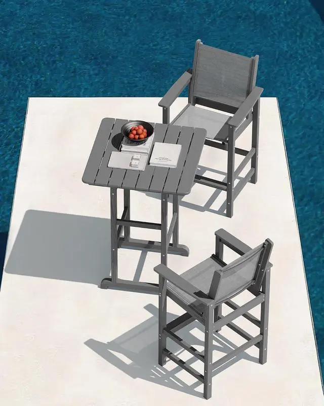 Alt view image 7 of 7 - 3 Pieces Textilene Adirondack Bar Set, Tall Adirondack Bar Height Chairs with Bar Table, Sling Balcony Adirondack Chairs, Weather Resistance Resin Outdoor Bar Height Stools, Gray