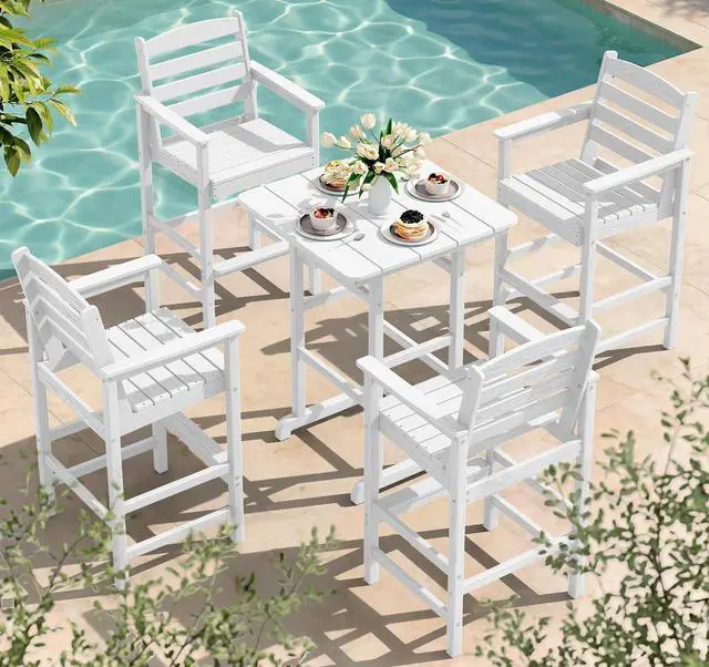 Main image of 5 Pieces Adirondack Bar Chairs Set, HDPE Adirondack Barstools Chairs with Bar Pub Table, Outdoor Patio Bar Furniture Set for Bistro, Balcony, Poolside, Garden, White