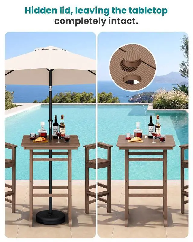 Alt view image 2 of 7 - Balcony Adirondack Chairs and Table 3 Pieces Set, Adirondack Bar Height Chairs Set of 2 and Bar Table, Outdoor Bar Stools Set for Bistro, Poolside, Backyard, Brown