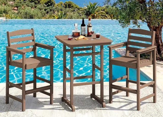Main image of Balcony Adirondack Chairs and Table 3 Pieces Set, Adirondack Bar Height Chairs Set of 2 and Bar Table, Outdoor Bar Stools Set for Bistro, Poolside, Backyard, Brown