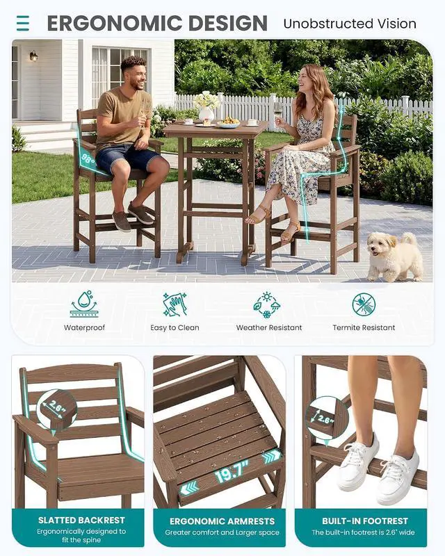 Alt view image 4 of 7 - Balcony Adirondack Chairs and Table 3 Pieces Set, Adirondack Bar Height Chairs Set of 2 and Bar Table, Outdoor Bar Stools Set for Bistro, Poolside, Backyard, Brown