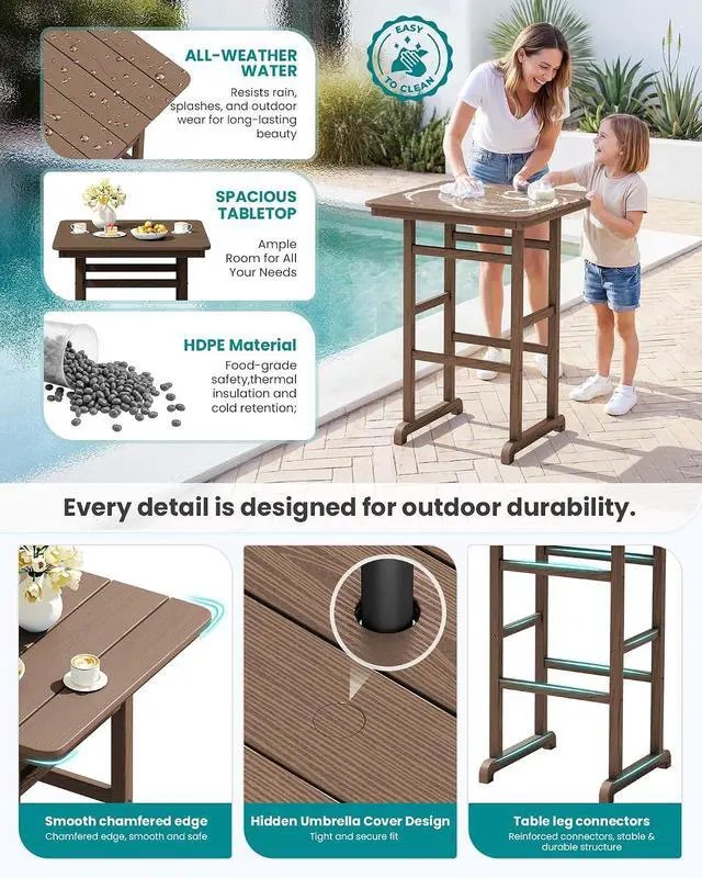 Alt view image 6 of 7 - Balcony Adirondack Chairs and Table 3 Pieces Set, Adirondack Bar Height Chairs Set of 2 and Bar Table, Outdoor Bar Stools Set for Bistro, Poolside, Backyard, Brown