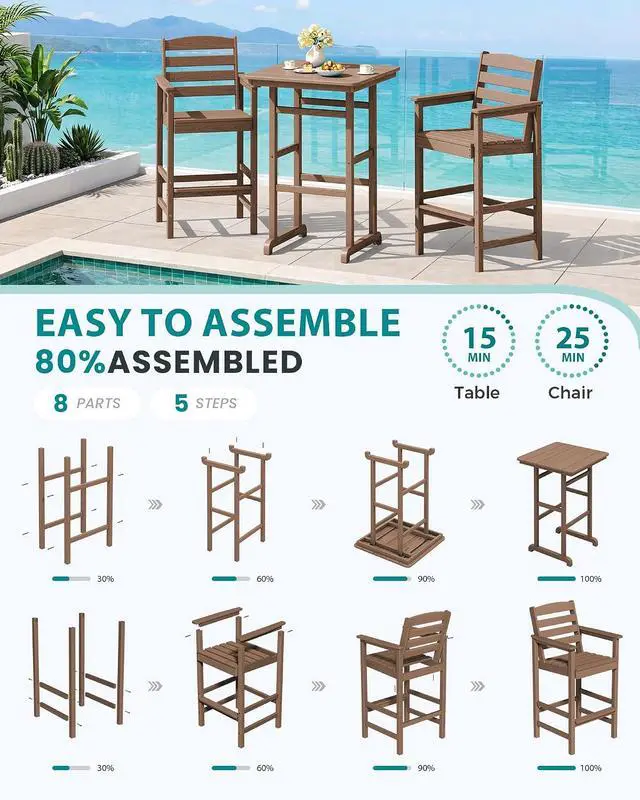 Alt view image 7 of 7 - Balcony Adirondack Chairs and Table 3 Pieces Set, Adirondack Bar Height Chairs Set of 2 and Bar Table, Outdoor Bar Stools Set for Bistro, Poolside, Backyard, Brown