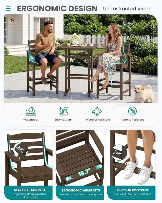 Alt view image 6 of 7 - HDPE Outdoor Patio Bar Set, Tall Adirondack Bar Chair and Table Set (Coffee, 3 pcs)