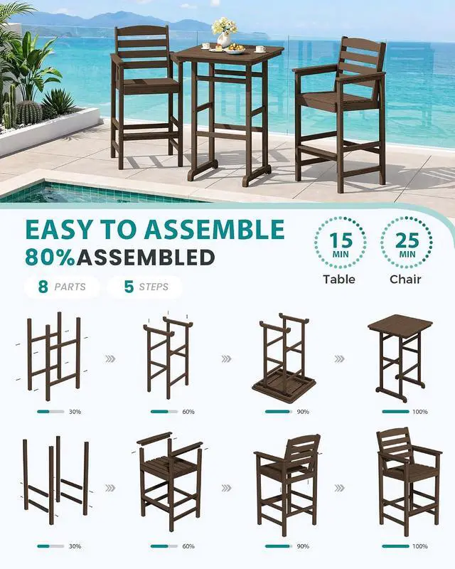 Alt view image 7 of 7 - HDPE Outdoor Patio Bar Set, Tall Adirondack Bar Chair and Table Set (Coffee, 3 pcs)