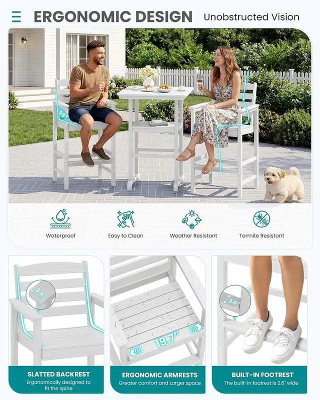 Alt view image 6 of 7 - Balcony Adirondack Chairs and Table 3 Pieces Set, Oversize Adirondack Bar Height Chairs Set of 2 and Bar Table, Outdoor Bar Stools Set, White