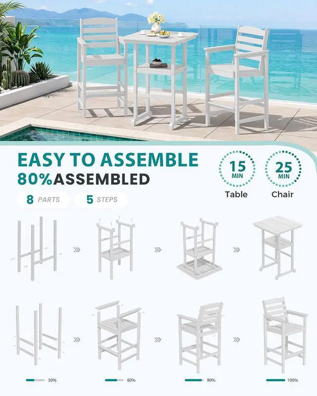 Alt view image 7 of 7 - 5 Pieces Outdoor Patio Bar Set, Oversize Tall Adirondack Bar Chair and Table Set, White