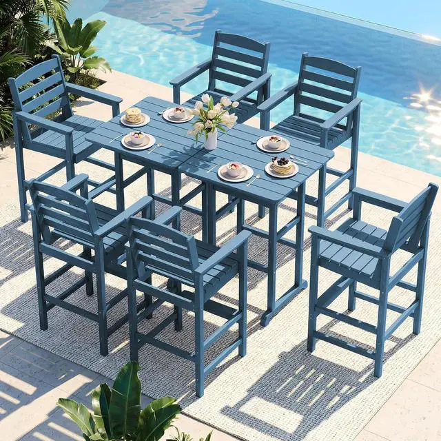 Main image of 8 Pieces Balcony Adirondack Chairs and Table Set, Adirondack Bar Height Chairs Set of 6 and 2 Bar Table, Outdoor Bar Stools Set, Blue
