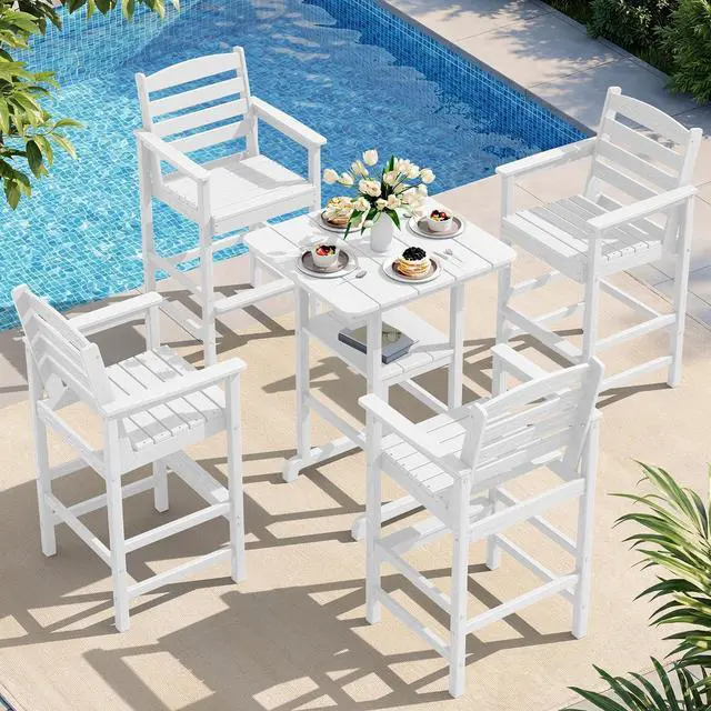 Main image of 5 Pieces Outdoor Patio Bar Set, Oversize Tall Adirondack Bar Chair and Table Set, White