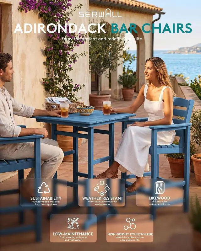 Alt view image 3 of 7 - 8 Pieces Balcony Adirondack Chairs and Table Set, Adirondack Bar Height Chairs Set of 6 and 2 Bar Table, Outdoor Bar Stools Set, Blue