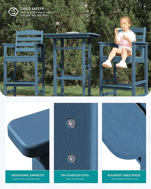 Alt view image 2 of 7 - 8 Pieces Balcony Adirondack Chairs and Table Set, Adirondack Bar Height Chairs Set of 6 and 2 Bar Table, Outdoor Bar Stools Set, Blue