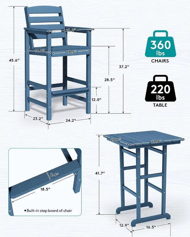 Alt view image 4 of 7 - 8 Pieces Balcony Adirondack Chairs and Table Set, Adirondack Bar Height Chairs Set of 6 and 2 Bar Table, Outdoor Bar Stools Set, Blue
