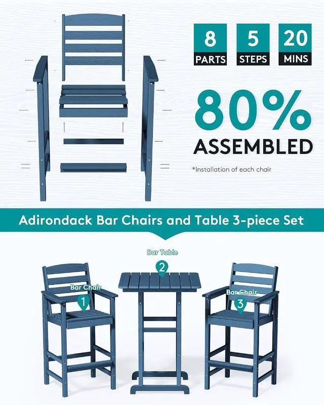 Alt view image 5 of 7 - 8 Pieces Balcony Adirondack Chairs and Table Set, Adirondack Bar Height Chairs Set of 6 and 2 Bar Table, Outdoor Bar Stools Set, Blue
