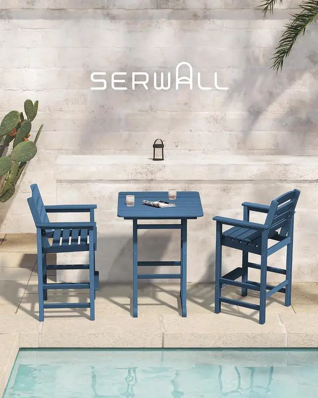 Alt view image 7 of 7 - 8 Pieces Balcony Adirondack Chairs and Table Set, Adirondack Bar Height Chairs Set of 6 and 2 Bar Table, Outdoor Bar Stools Set, Blue