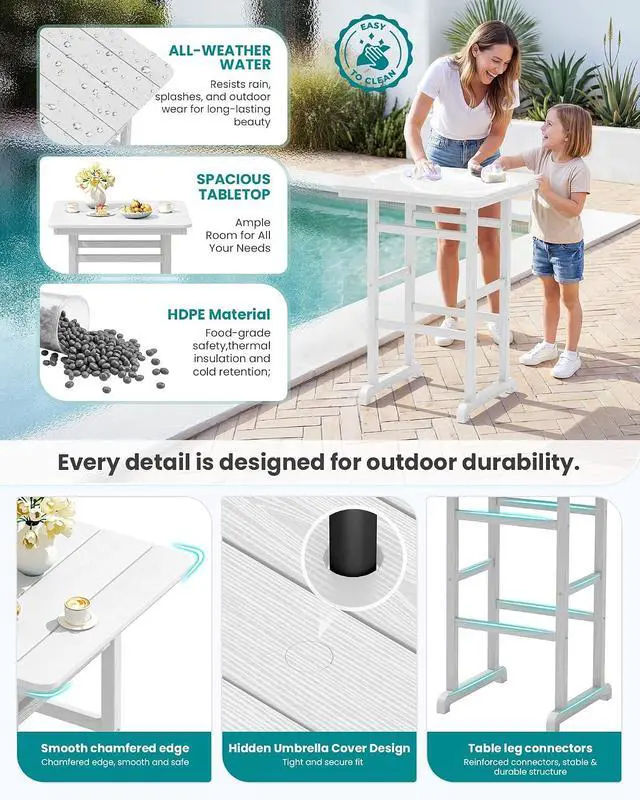 Alt view image 5 of 7 - Tall Adirondack Bar Chairs and Table 3 Pieces Set, Adirondack Bar Height Chairs Set of 2 and Bar Table, Outdoor Bar Stools Set for Bistro, Poolside, Backyard, White