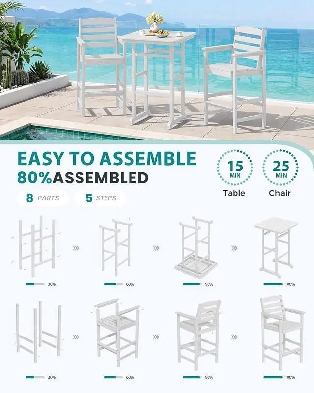 Alt view image 7 of 7 - Tall Adirondack Bar Chairs and Table 3 Pieces Set, Adirondack Bar Height Chairs Set of 2 and Bar Table, Outdoor Bar Stools Set for Bistro, Poolside, Backyard, White