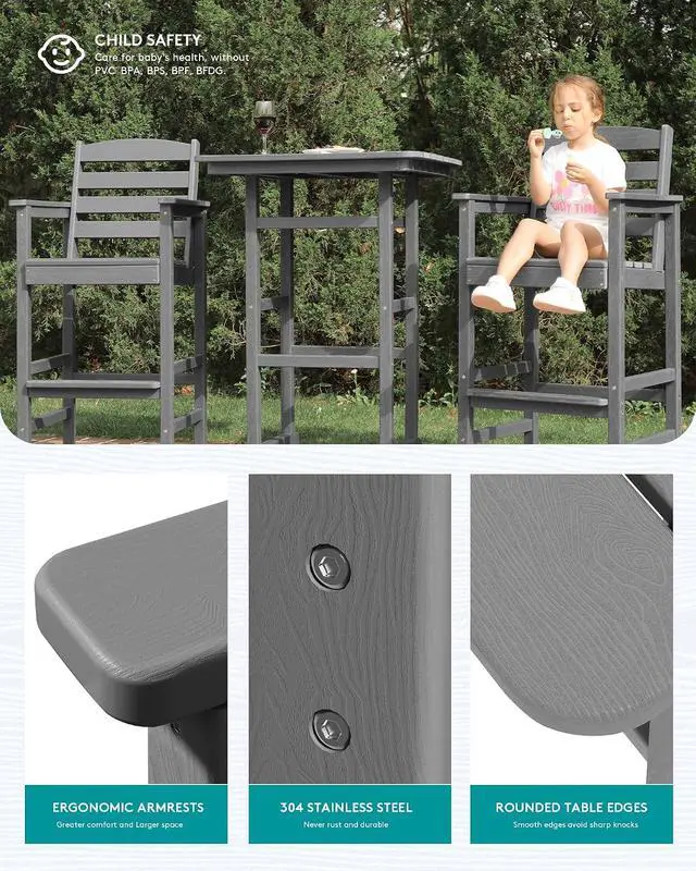 Alt view image 2 of 7 - 8 Pieces Balcony Adirondack Chairs and Table Set, Adirondack Bar Height Chairs Set of 6 and 2 Bar Table, Outdoor Bar Stools Set, Gray