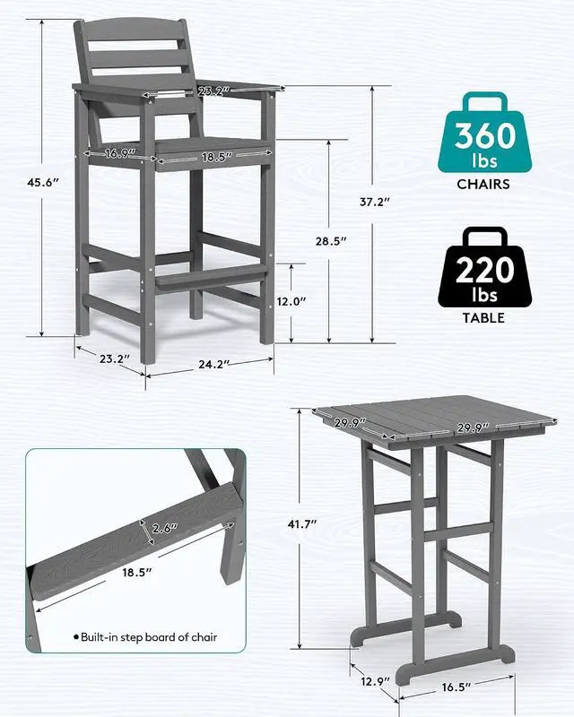 Alt view image 4 of 7 - 8 Pieces Balcony Adirondack Chairs and Table Set, Adirondack Bar Height Chairs Set of 6 and 2 Bar Table, Outdoor Bar Stools Set, Gray