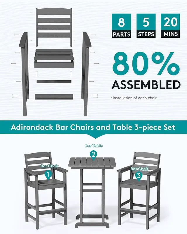 Alt view image 5 of 7 - 8 Pieces Balcony Adirondack Chairs and Table Set, Adirondack Bar Height Chairs Set of 6 and 2 Bar Table, Outdoor Bar Stools Set, Gray