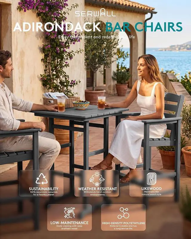 Alt view image 3 of 7 - 8 Pieces Balcony Adirondack Chairs and Table Set, Adirondack Bar Height Chairs Set of 6 and 2 Bar Table, Outdoor Bar Stools Set, Gray