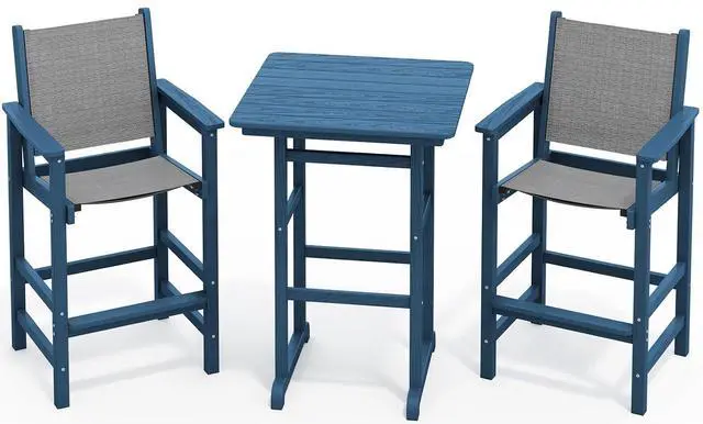 Main image of 3 Pieces Textilene Adirondack Bar Set, Tall Adirondack Bar Height Chairs with Bar Table, Sling Balcony Adirondack Chairs, Weather Resistance Resin Outdoor Bar Height Stools, Blue