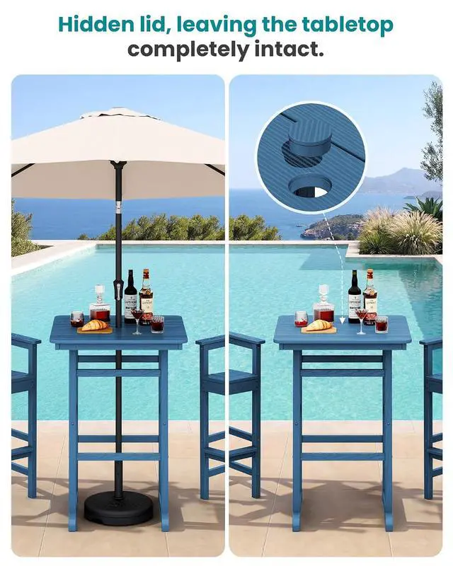 Alt view image 2 of 7 - Balcony Adirondack Chairs and Table 3 Pieces Set, Adirondack Bar Height Chairs Set of 2 and Bar Table, Outdoor Bar Stools Set for Bistro, Poolside, Backyard, Blue