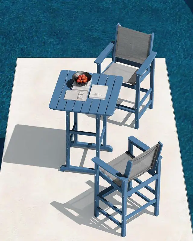 Alt view image 5 of 7 - 3 Pieces Textilene Adirondack Bar Set, Tall Adirondack Bar Height Chairs with Bar Table, Sling Balcony Adirondack Chairs, Weather Resistance Resin Outdoor Bar Height Stools, Blue